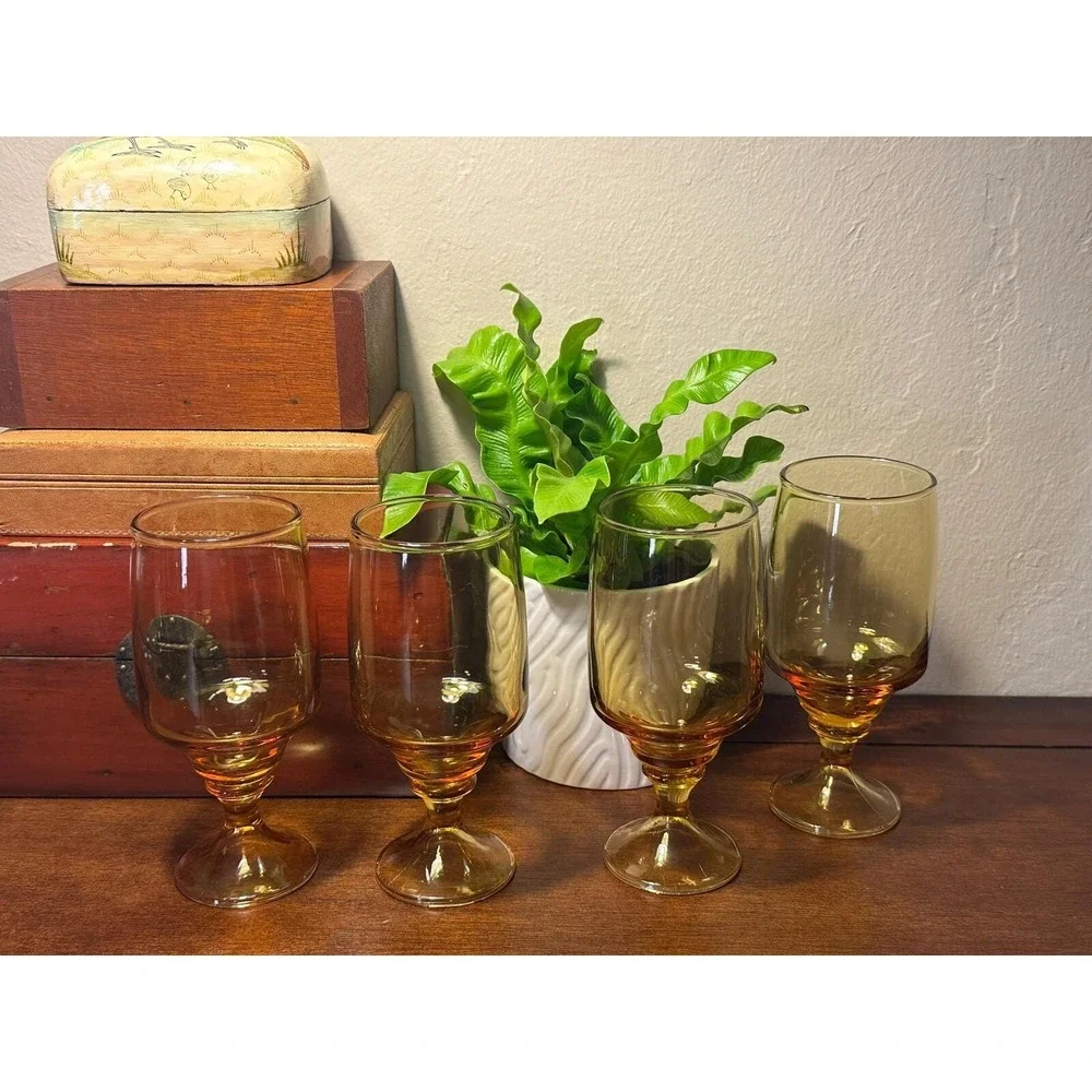 Vintage Amber Glass Goblets — Set of 4, Mid‑Century Pedestal Glassware